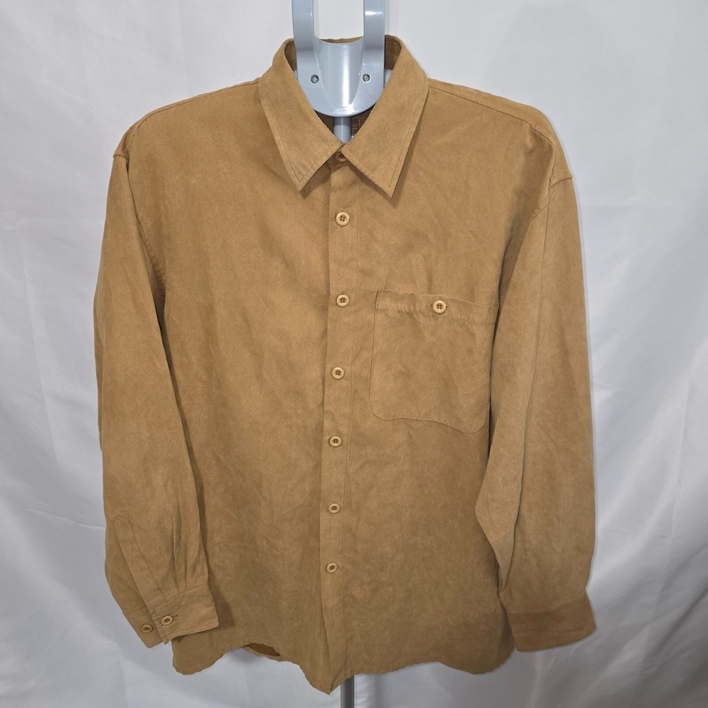 TRUST Men's Faux Suede Shirt L Slim Fit Brown Long Sleeve Button Up‎ Polyester
